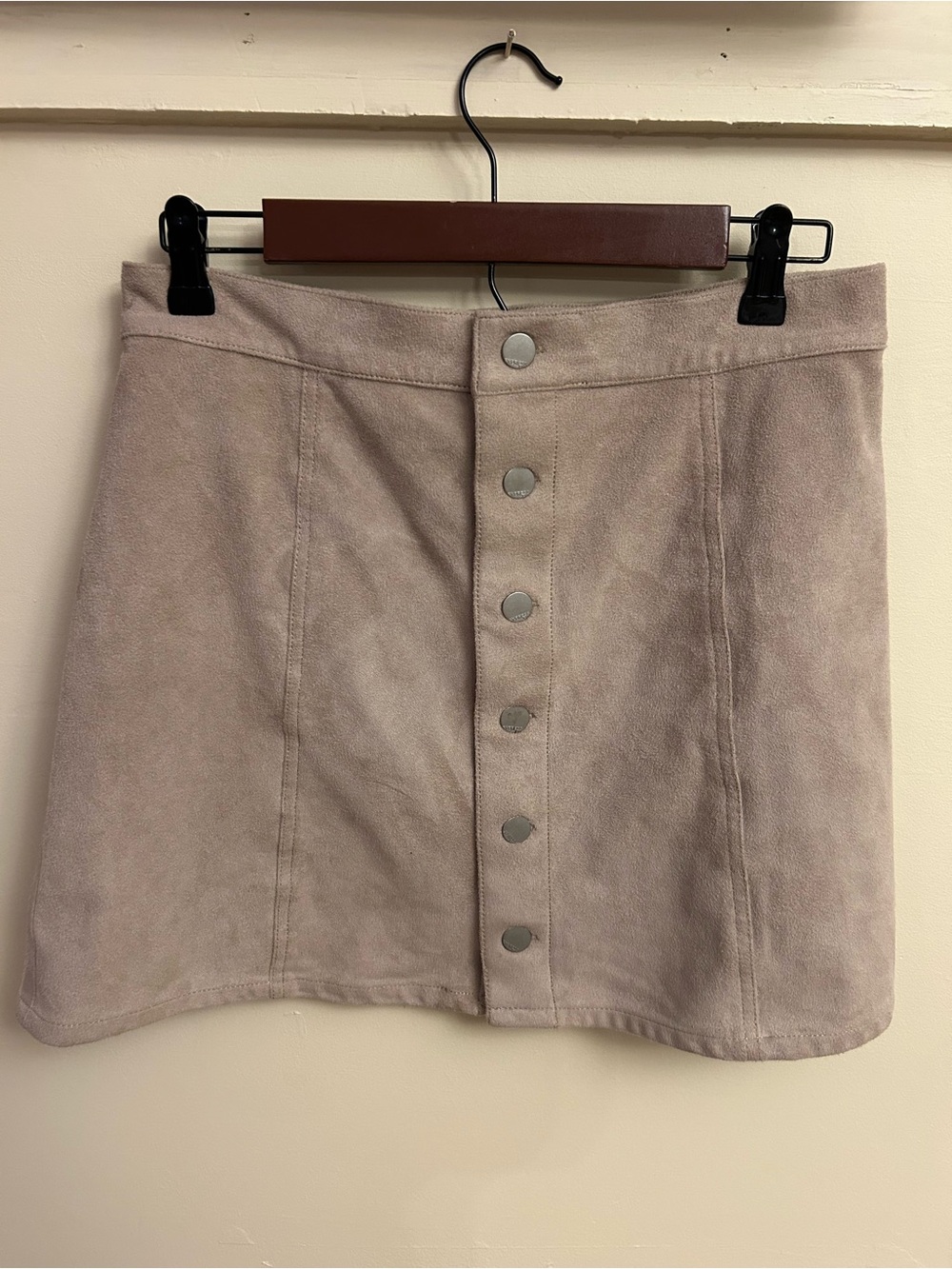 Button-Front Suede A-Line Skirt - Taupe